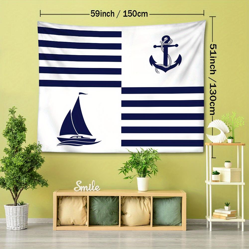 1 Stück Nautische Anker und Segelboot Wandteppich - Blau und Weiß gestreiftes Maritimes Thema Wandbehang, Polyester Gewebt, Tier Grafik Dekor für Bett