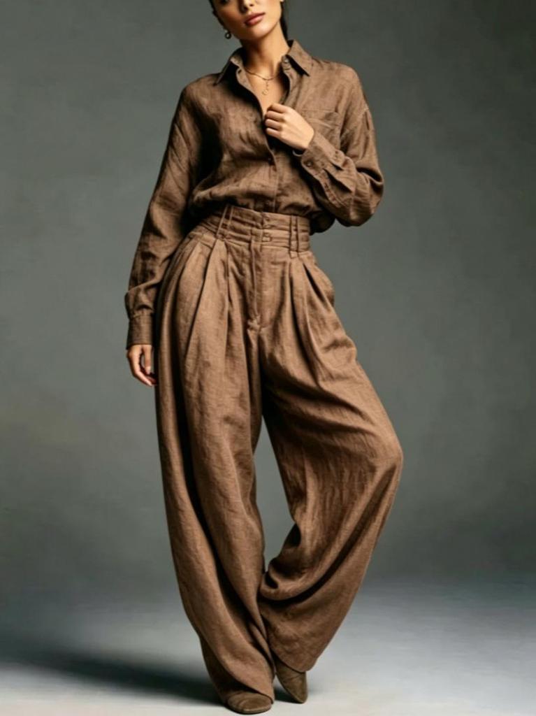 European Solid Color Shirt & Wide-Leg Pants Set - Women's Loose High-Waisted Fashion Two-Piece 2026 Collection