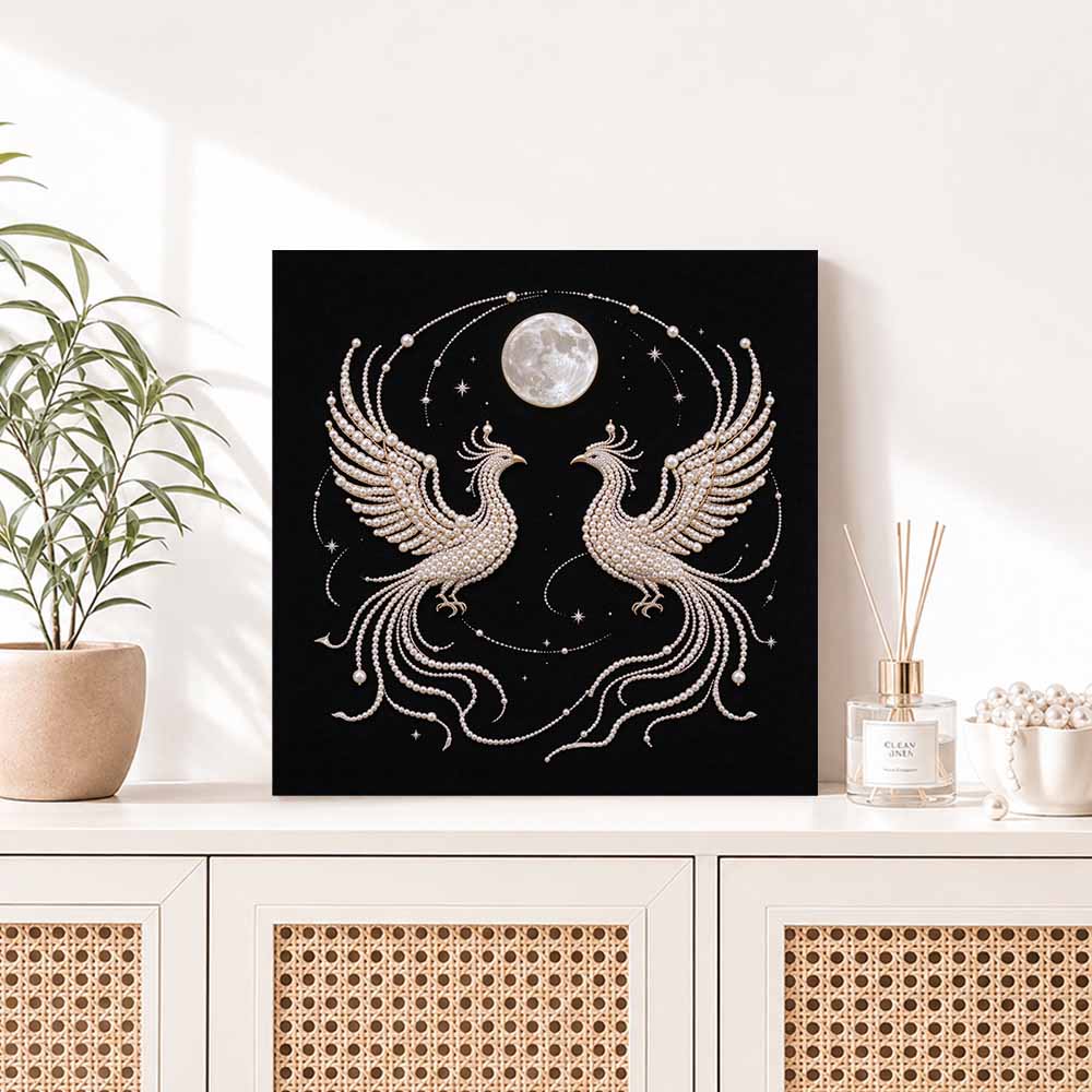 DIY Pearl Diamond Painting Set with Frame Phoenix and Full Moon 3D Pearl Beads. Home Wall Decor