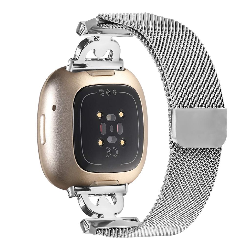 For Fitbit Versa 3/Sense Watch Band Silver Milanese Stainless Steel Strap D-Shape Rhinestones Decor