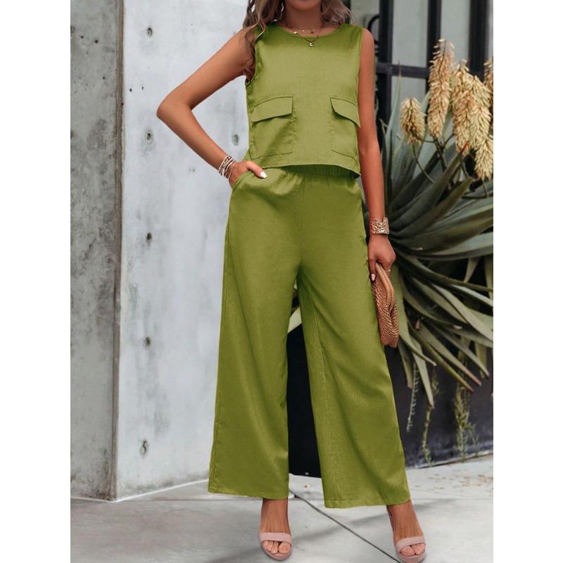 Terno feminino casual de verão com cor sólida e calça de perna larga