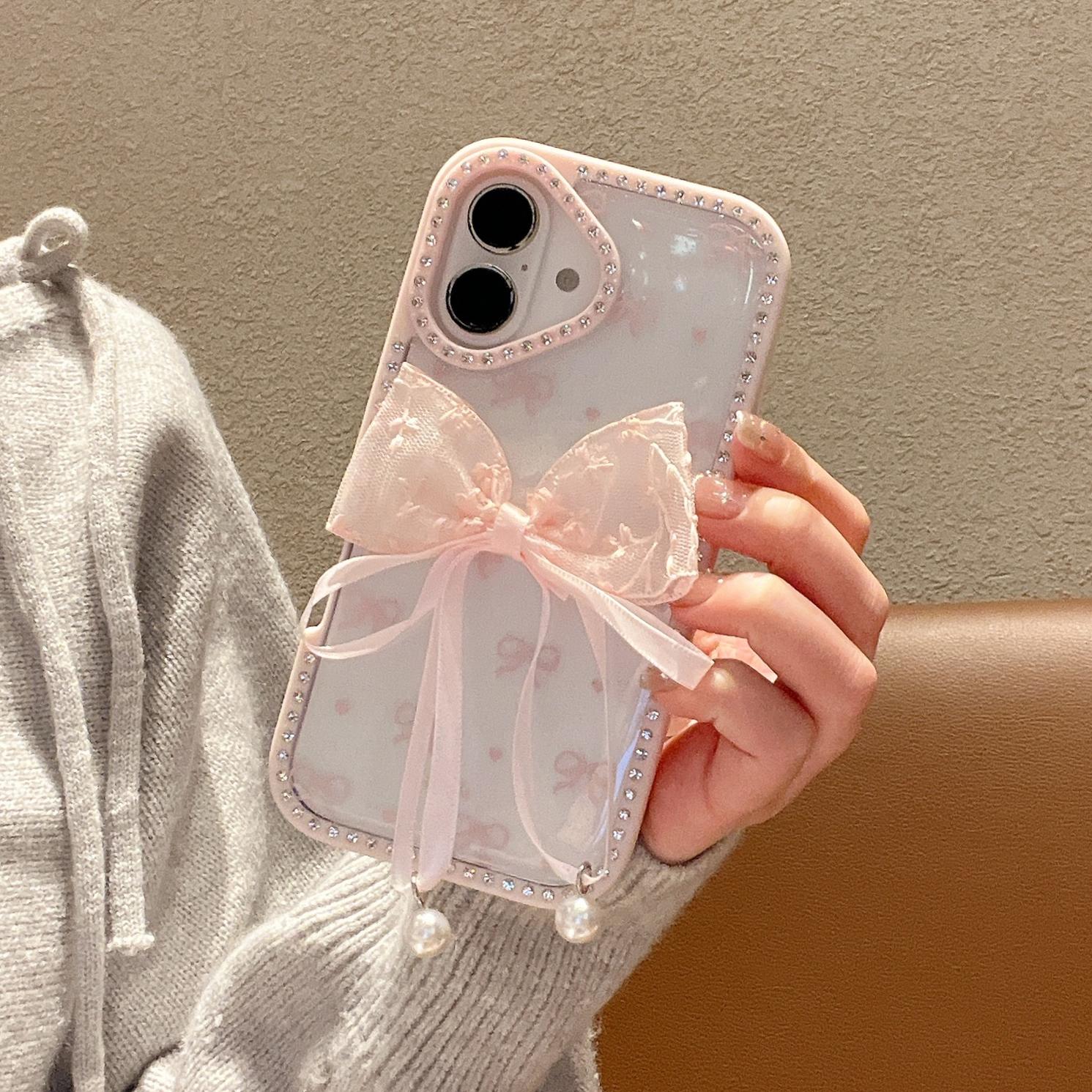 

For iPhone 16 Plus Case Two Bow Epoxy Design TPU+PC Phone Back Cover Rhinestone Decor Pink