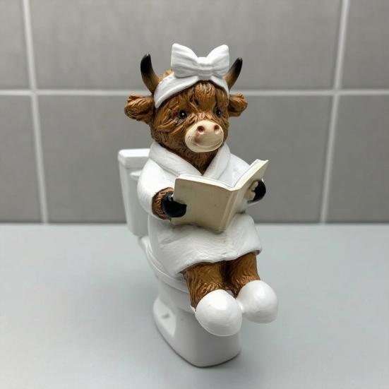Zabawna Figurka Krowy Szkockiej, Urocza Statuetka Krowy z Żywicy Siedzącej na Toalecie z Książką do Dekoracji Biurka, Kuchni, Stołu, Domu, Łazienki