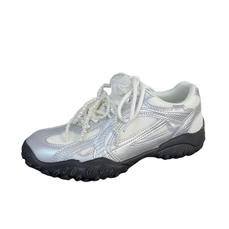 

Mesh women s spring and summer thick soles increase in height, lightweight and breathable lace pearl leather casual shoes 40