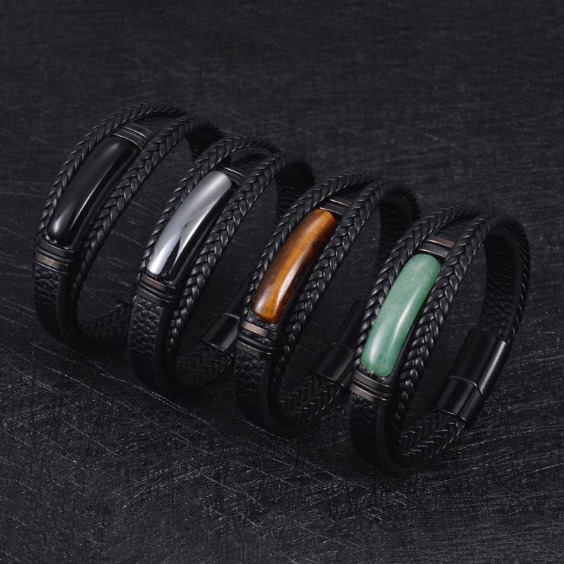 Handgefertigtes mehrlagiges Lederarmband für Herren, Retro-Edelstahlverschluss, Tigerauge-Steinarmband