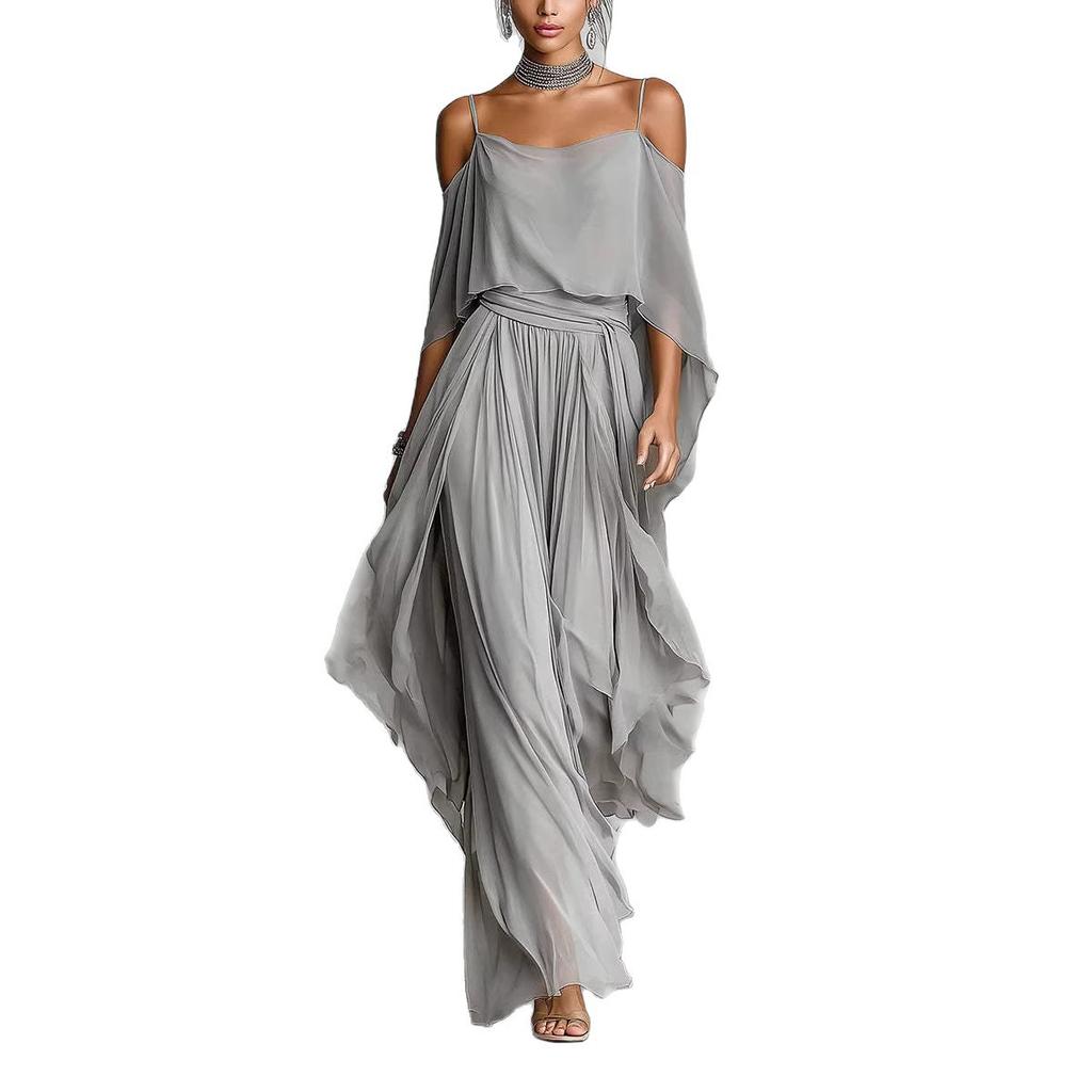 DM092 Amazon Unabhängige Station 20206 Neues Träger-Off-Shoulder Elegantes Blusenoberteil mit Chiffon Asymmetrisch Lang