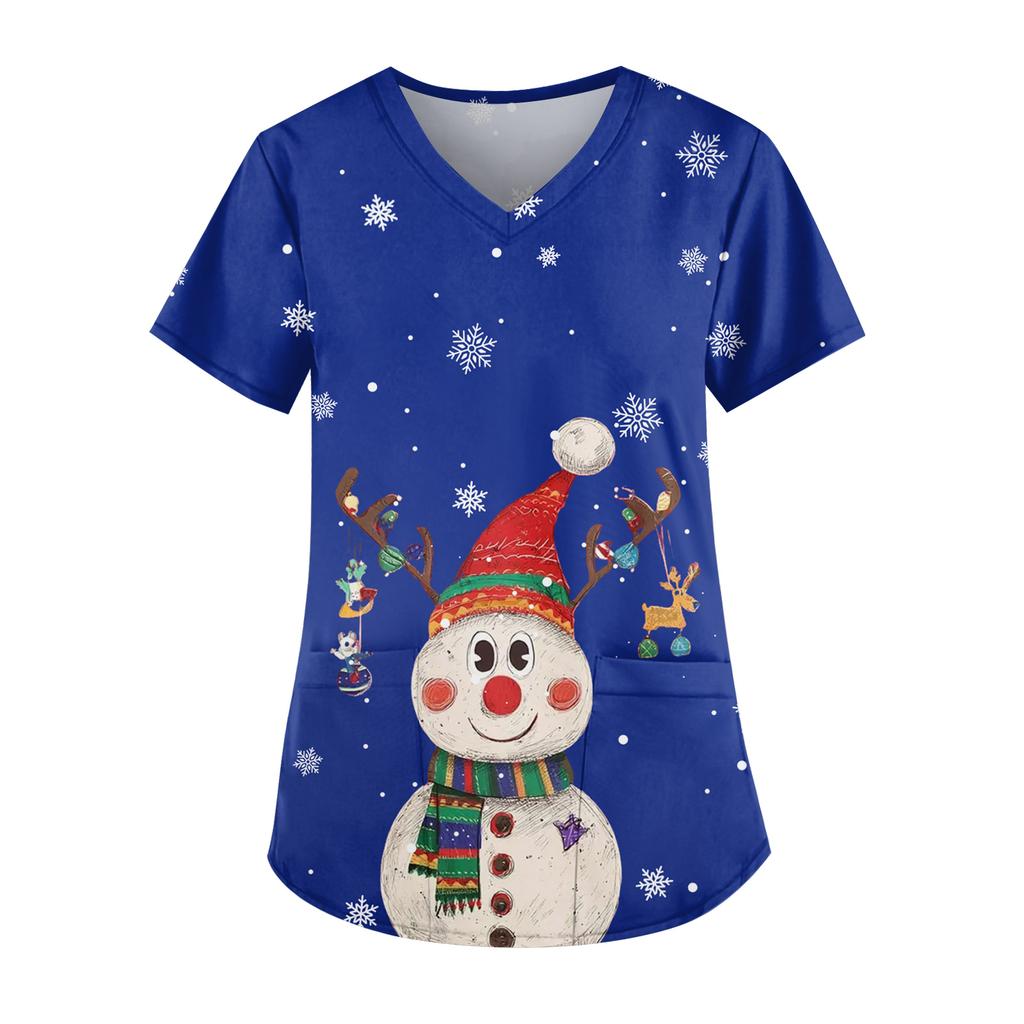 Ladies' Fashionable V-neck Pocket Short Sleeved Christmas Tree Printed Caregiver Uniform