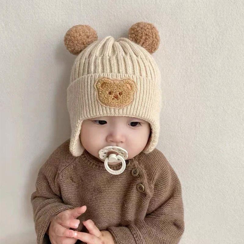 Baby Teddy Bear Hat, Winter Thick Warm Woolen Hat, Cute Knitted Baby Ear Protection Hat, Baby and Toddler Autumn and Winter