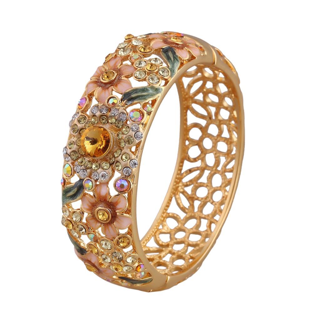 Enamel Chinese Cloisonne Bracelet Rhinestone Women's Hand Bracelet Hollow Out Flower Bangle  Gifts