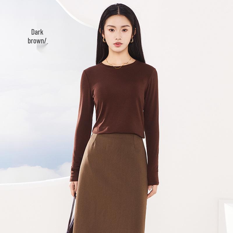 Tencel Wool Collar Base Shirt: Silk-Like, Light, Warm, Round Neck, Knitted Long Sleeve Top for Autumn/Winter Women.