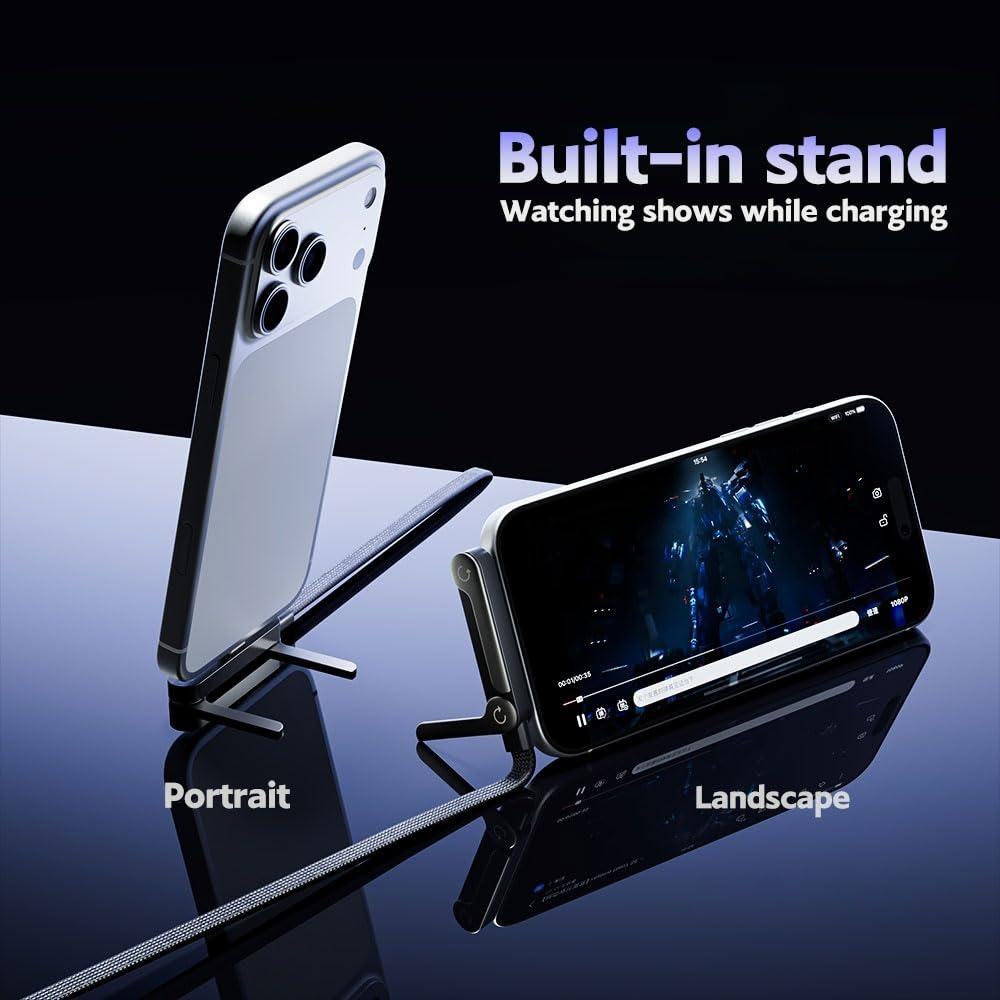 1.5m Type-C USB Braided Fast Charging Cable with Built-in Phone Stand 2-in-1 Holder for IOS Gaming Office & Travel