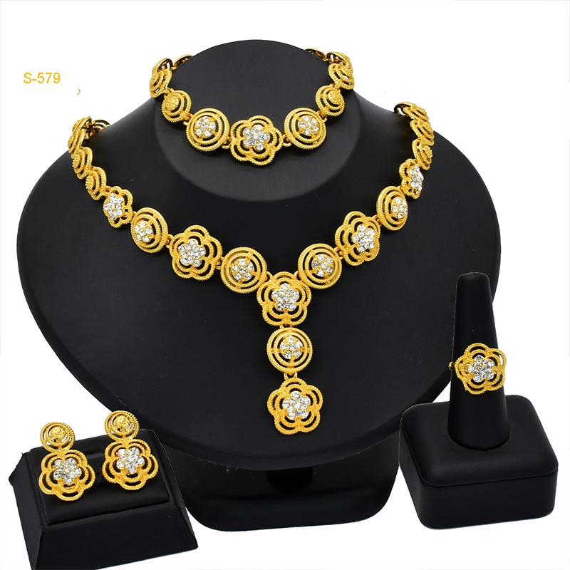 24K Gold-Plated Bridal Jewelry Set: Necklace & Earrings, Middle Eastern Wedding Style, Dubai Four-Piece Set