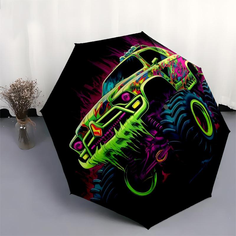 1 Stück Monster Truck Neon Kunstwerk Regenschirm mit Kunststoffgriff, Geeignet für alle Jahreszeiten Zuhause Reisen Outdoor RegenschirmDD628