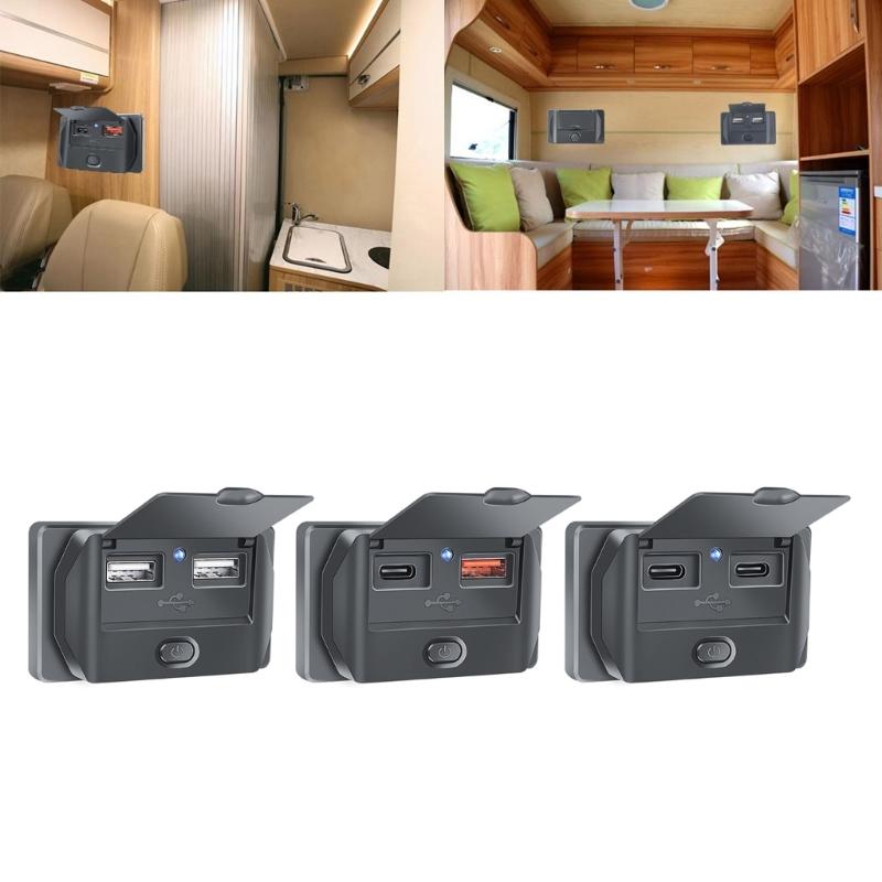 USB Socket 12V-24V Power Adapter Type-C/USB A/USB A+Type C Panel Mount Charging Port for Marine Boat Bus ATV