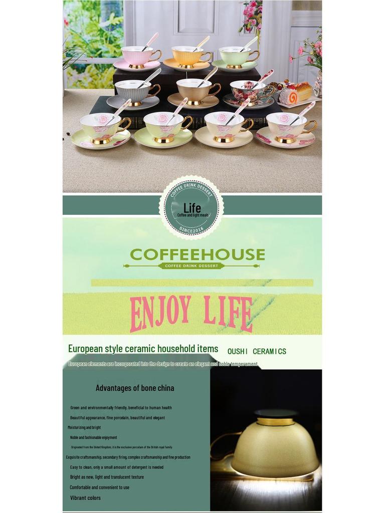 Europäisches Vergoldetes Bone China Kaffeetassenset mit Löffel - Hochtemperaturbeständige Keramik für Englischen Nachmittagstee.