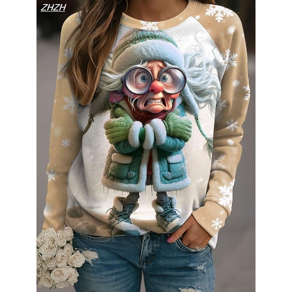 

Women s Snowflake Print Pullover, Casual Long Sleeve Crewneck Sweatshirts, Holiday Comfort Wear 5XL