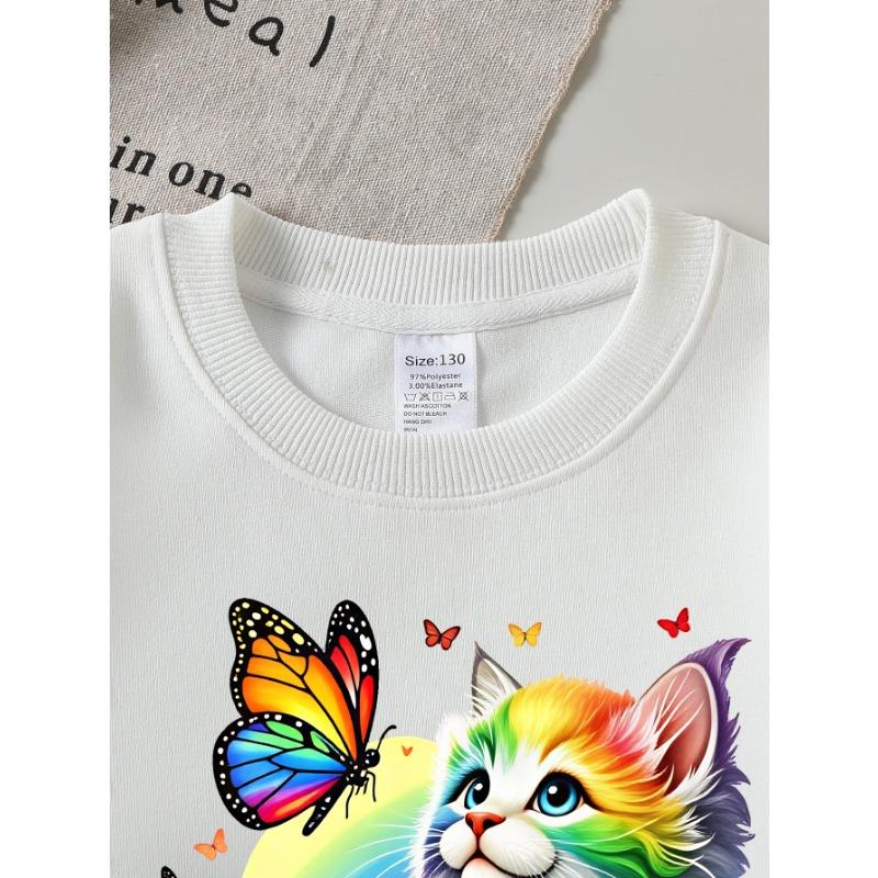 European sizes Girls' Soft Crewneck Sweatshirt Rainbow Cat Butterfly Print, Casual for Fall Winter, Ideal Holiday Present.