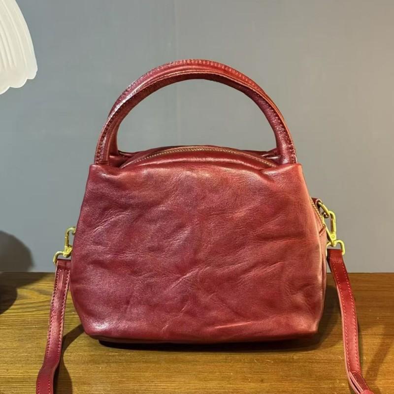 Fashionable Retro Small Bag Women's Full Tree Cream Cowhide Same Style Bowling Genuine Leather Handbag Crossbody