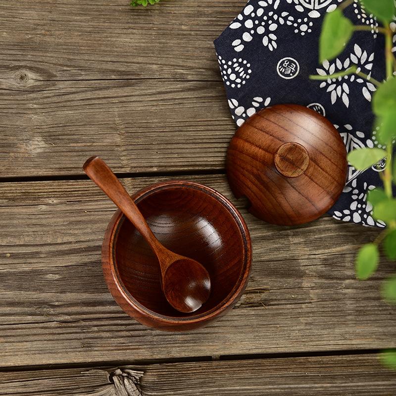Wooden Salt Cellar Sugar Bowl Pepper Box Salt Seasoning Container Storage Box with Lid and Spoon Wooden Spice Box spice jars