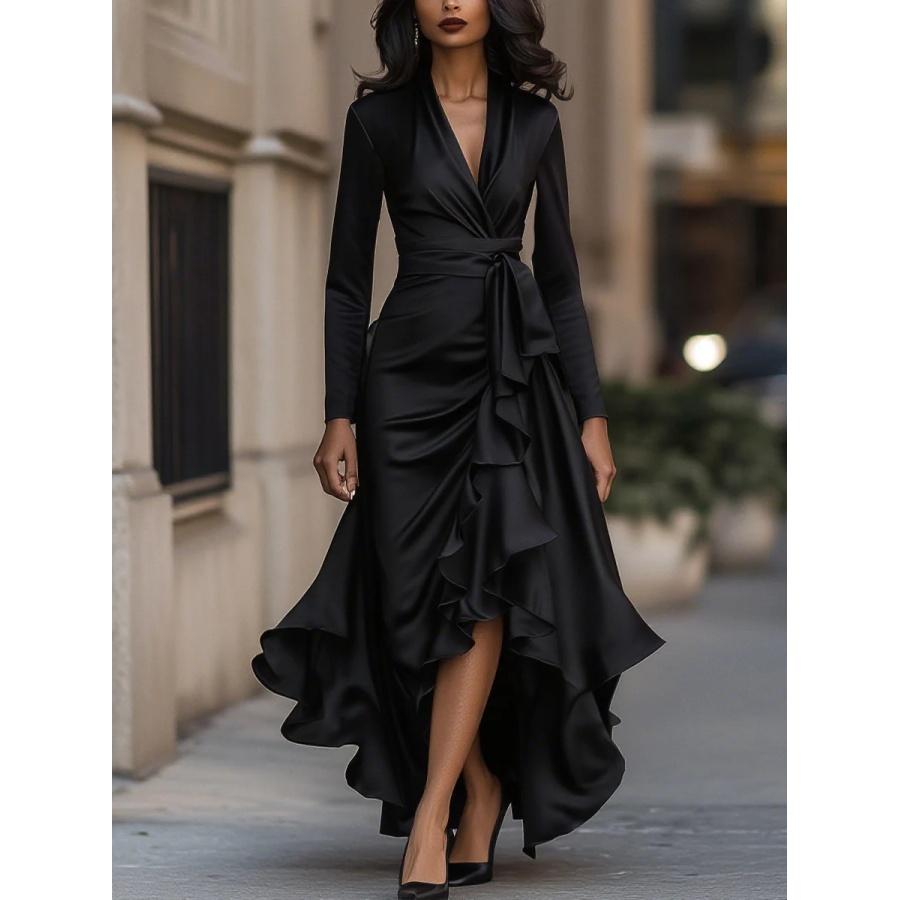 2026 Frühling Herbst Satin V-Ausschnitt Taillenband Rüschen Langarm Kleid - 6 Farben Büro Pendeln Dame Elegantes Kleid