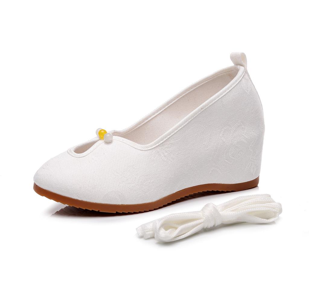 High heels, wedge heels, single shoes, Chinese national style cheongsam, Hanfu with horse dress, ancient clothing, solid color, plain cloth shoes, w