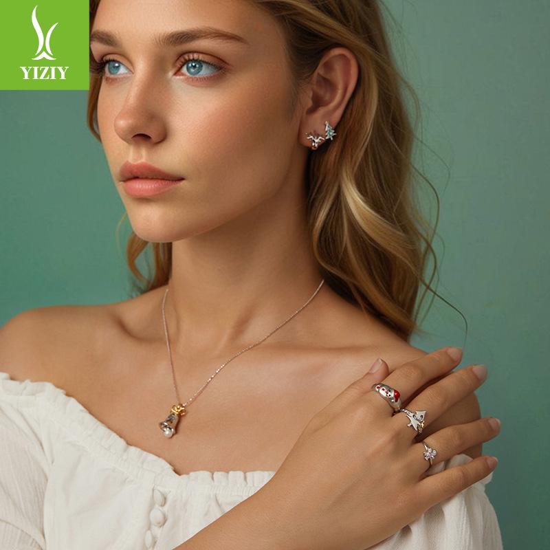 Yinziyun Christmas Snowman & Apple Tree S925 Silver Stud Earrings