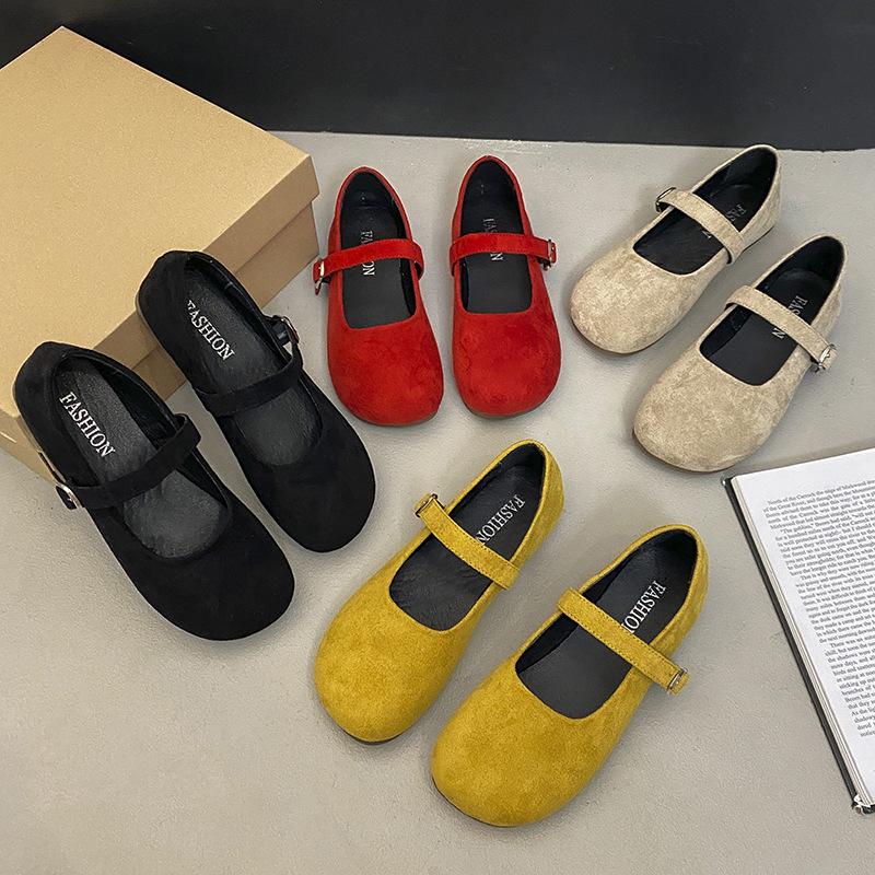 Gentle Evening Wind Ballet One-word Buckle Single Shoes Women's French Retro Round Head Shallow Mouth Flat Mary Jane Shoes