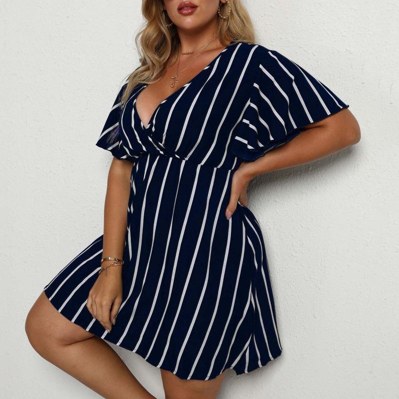 Mode Kurzarm Gestreift V-Ausschnitt Große Größe Kleid Elegante Damen Hohe Taille Lose Lässig A-Linie Party Kurzes Böhmisches Kleid Weibliche Damenbekleidung
