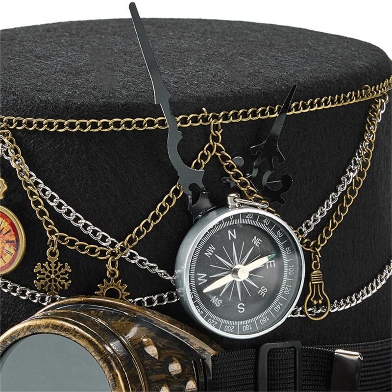 Dark Top Hat Steampunk Goggles Style Top Hat With Metal Chain Gothic Themed Cosplay Costume Accessories