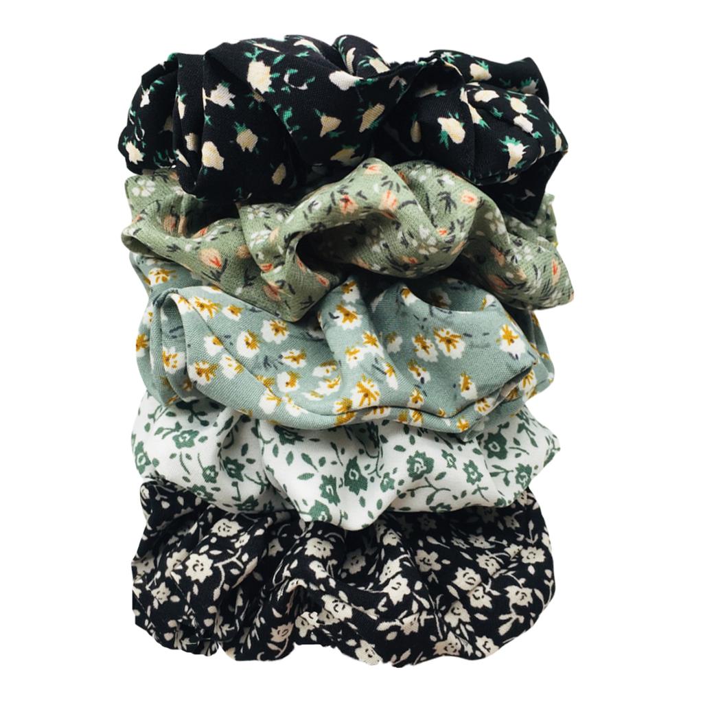 5pcs/set Sweet Cute Print Flower Scrunchies For Women Stretch Hair Accessories Elastic Rubber Band Rope Headwear Ditsy Floral