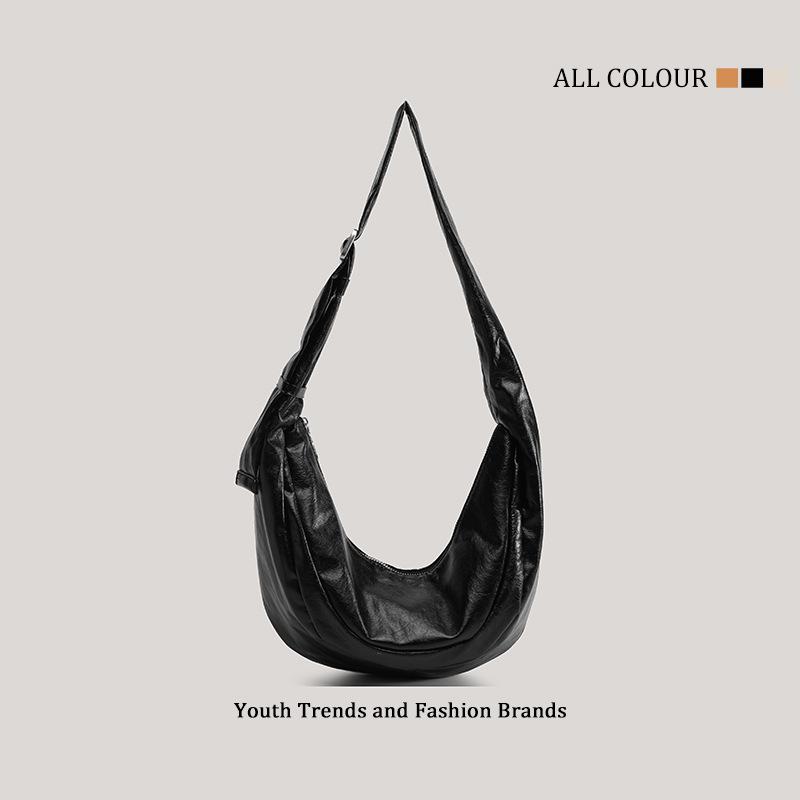 

Lazy wind simple solid color soft leather large capacity dumpling bag premium casual versatile single shoulder messenger commuter tote bag чёрный