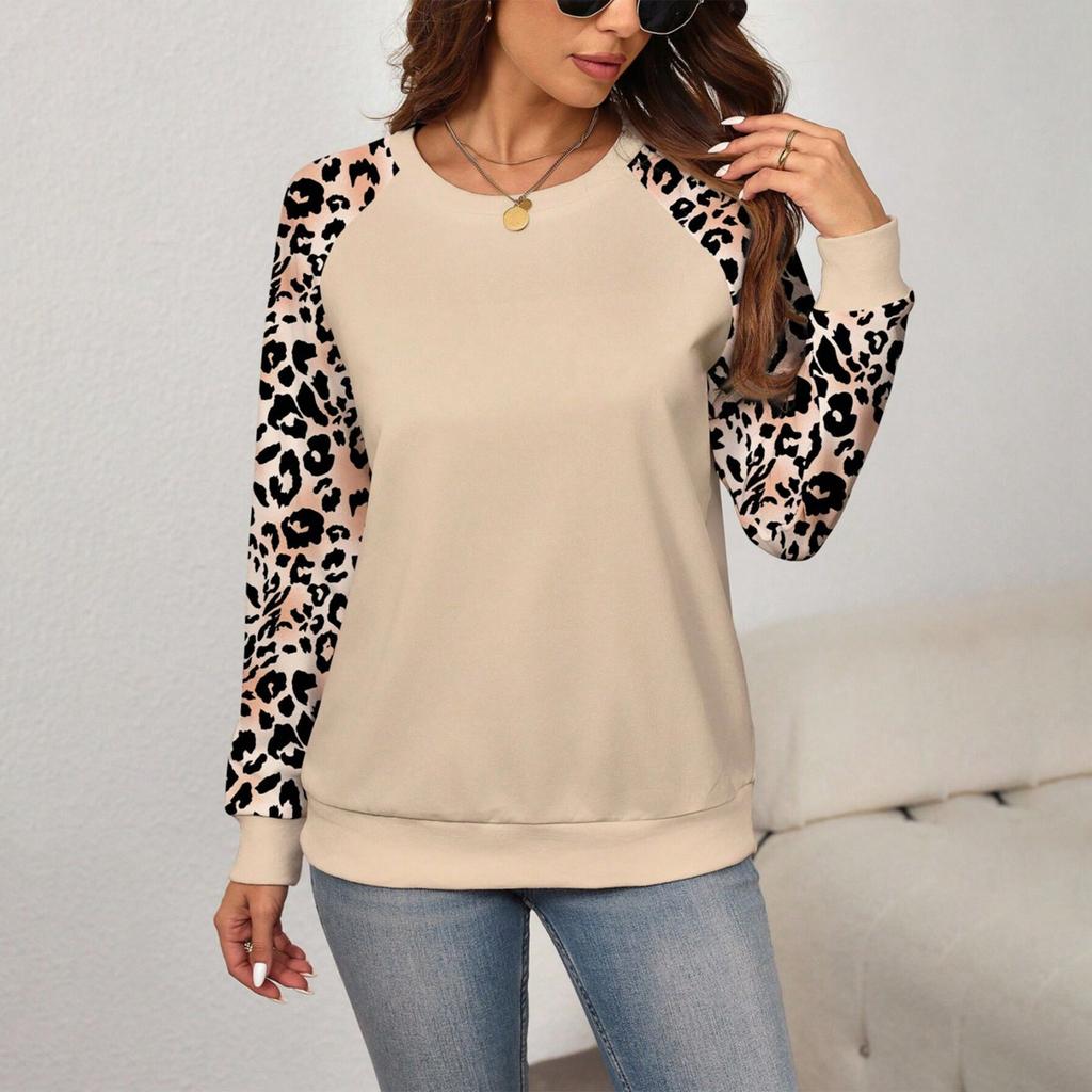 Women's Round Neck Leopard Print Elegant Work Sweatshirt Top