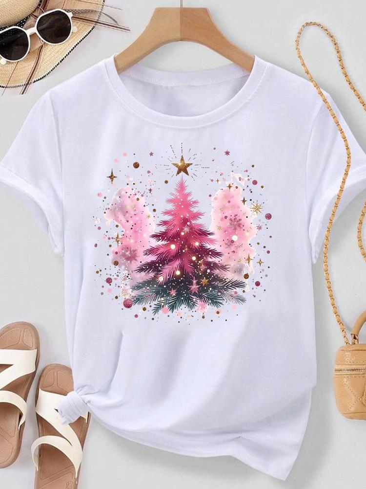 (Asian Size) Lovely Watercolor Cute Merry Christmas New Year Women's Top T Tee Festival O-neck Clothing Print Fashion Ladies Graphic T-shirts