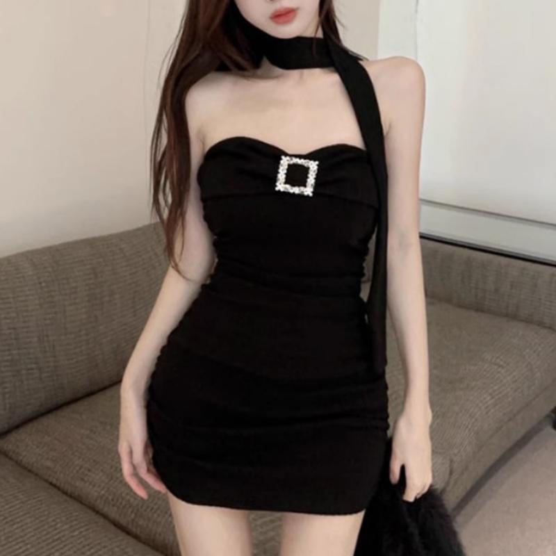 

Womens Rhinestone Buckle Halter Neck Strapless Ruched Bodycon Mini Dress S чёрный