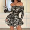 Women Off Shoulder Leopard Print Mini Dress Long Sleeve Ruched Waist Flared Skirt Sexy Party Club Bodycon Dress