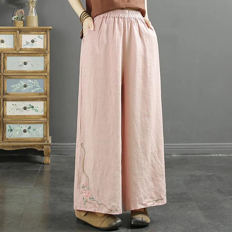 Women Pants Cotton Summer Elastic Waist Loose Casual Embroidery Solid Color Comfortable Soft Pants