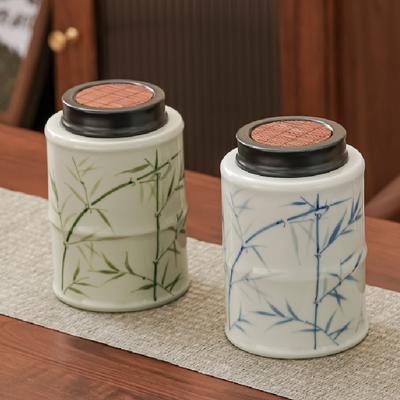 Čínská keramická čajová konvice Ručně malovaná krabička na čaj z bambusových listů s víkem Úložná nádoba na čajovou konvici Dekorativní láhev do obývacího pokoje