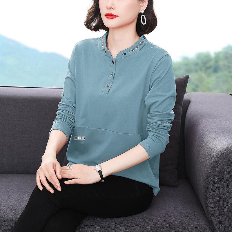 Embroidered Round Neck Loose-Fit Pullover Blouse for Autumn/Winter