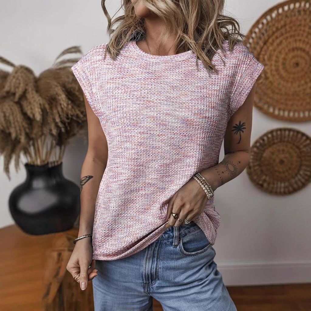 Camiseta de Moda para Mujer Primavera y Verano Moda Casual Blusa Cuello Redondo Color Sólido Suelta Camisa de Manga Corta