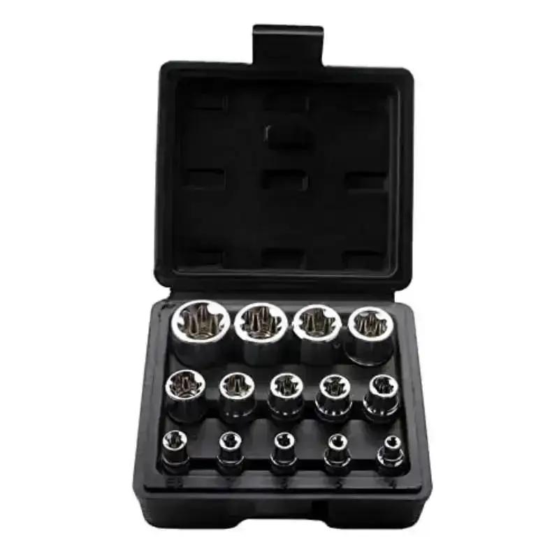 1 Set Female E Torx Socket Set With Case 1/4, 3/8 1/2 In. Drive E4-E24 External Torque Star Socket Kit 14Pcs