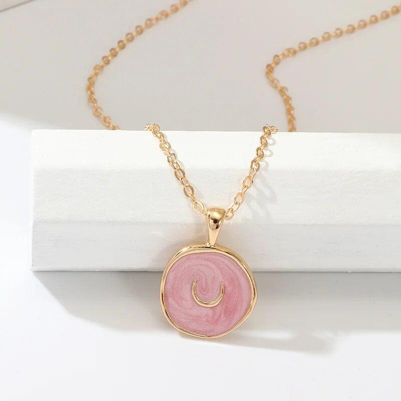 Women Heart Necklaces Moon Star Round Enamel Pendant Necklace Girls Clavicle Chain Aesthetic Jewelry Wedding Party Accessories