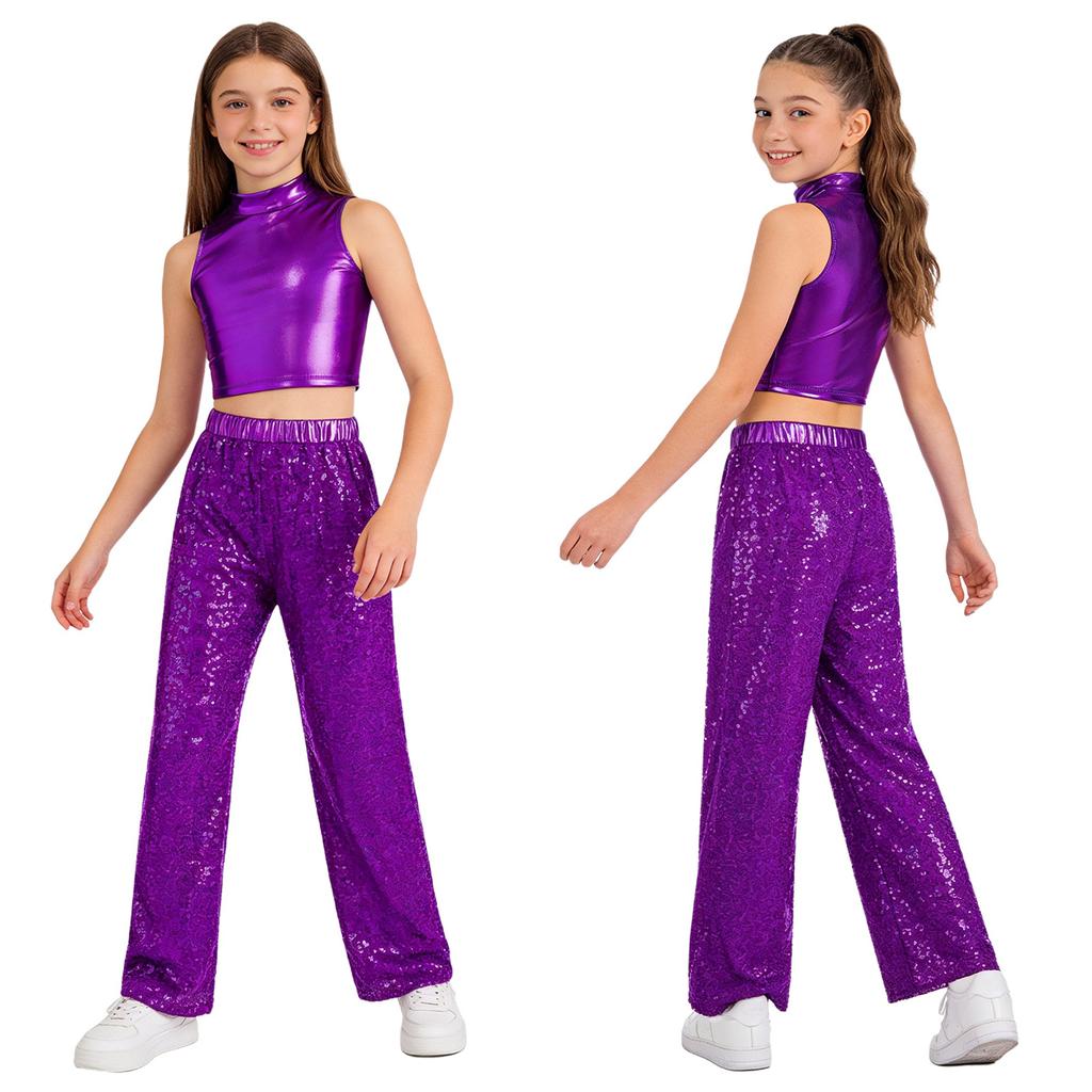 Kids Jazz Dance Costume Sleeveless Mock Neck Metallic Top and High Waist Sparkle Sequin Pants for Stage Competition