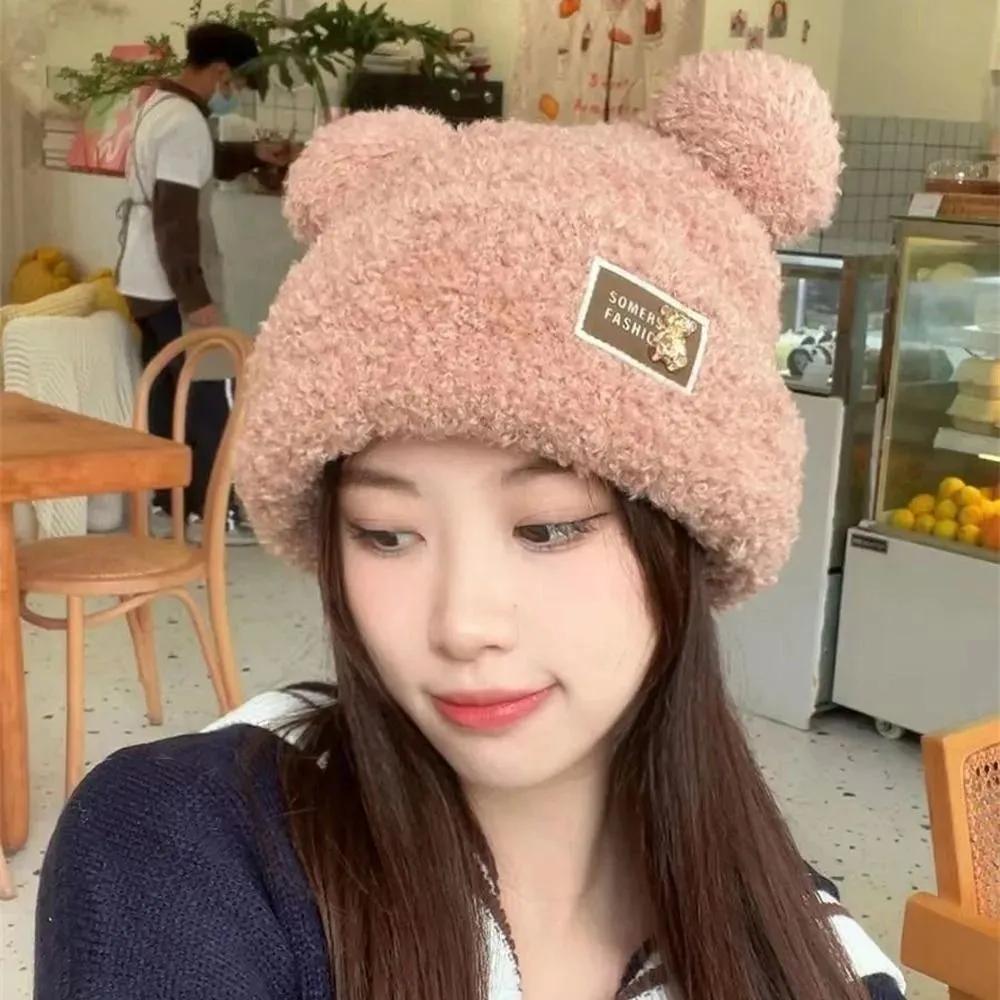Women Fashion Bear Ears Knitted Hat Thickened Plush Cap