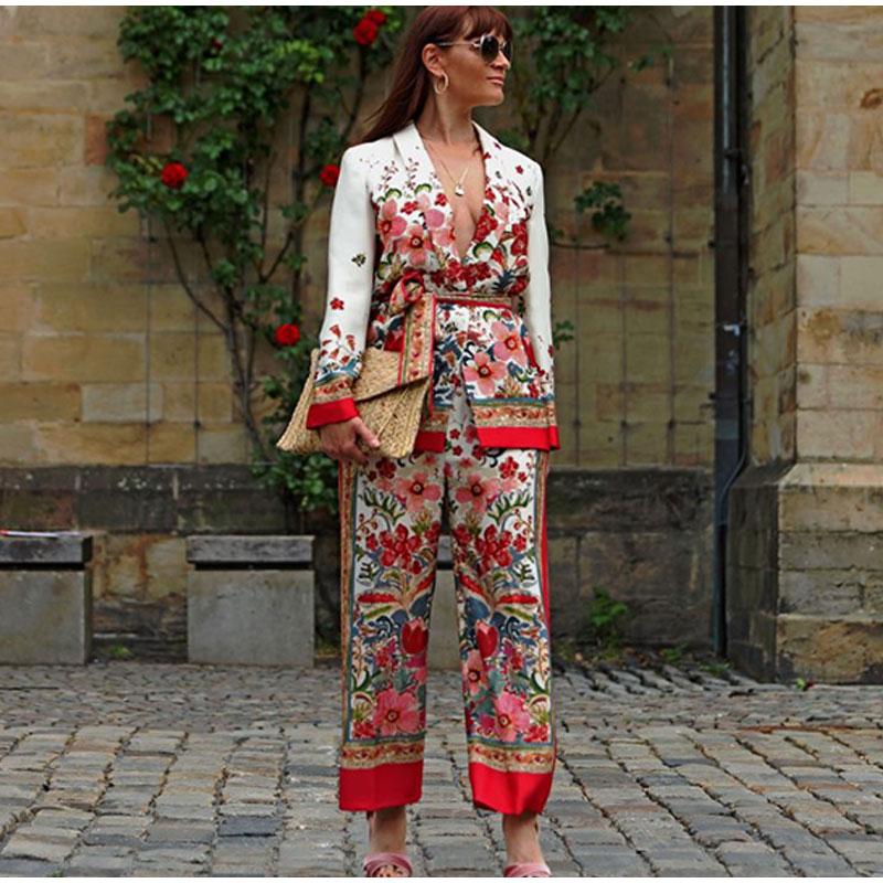 Sady kalhot s květinovým potiskem Žena Retro Květinové sako Sady Kancelářské Dámské Blazer se šněrováním Kabát Volné kalhoty Outfity