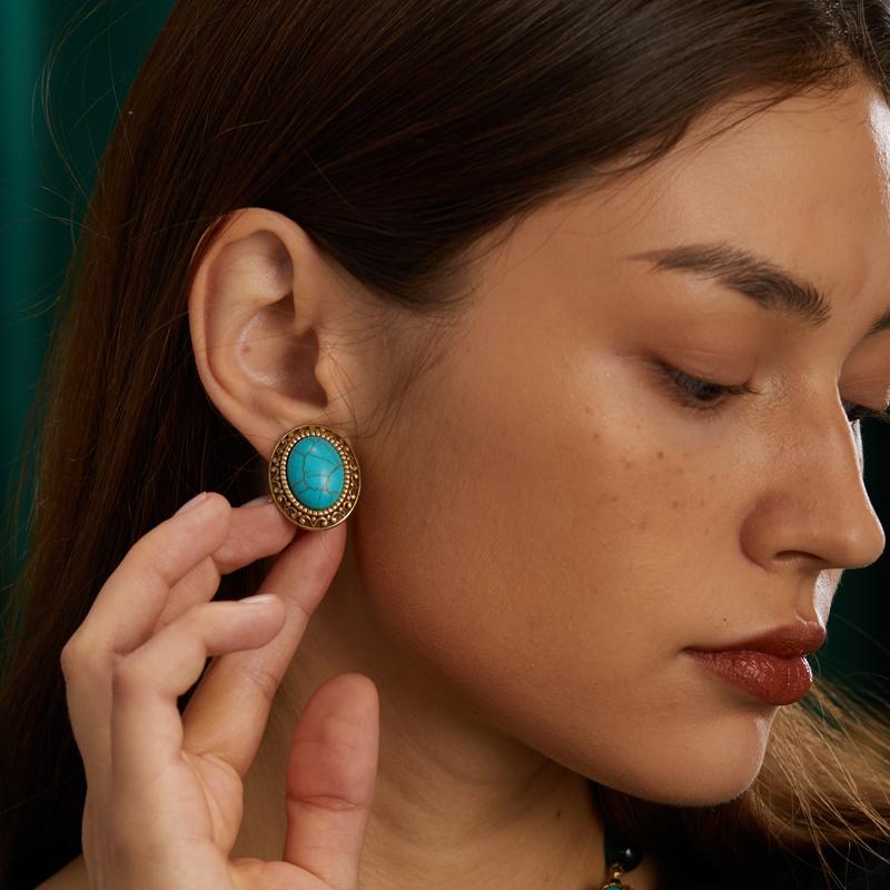 Vintage Blau Naturstein Böhmischer Stil Cameo Schönheitskopf Türkis Schmucksets Für Frau Halskette Und Ohrring Perlen Antik