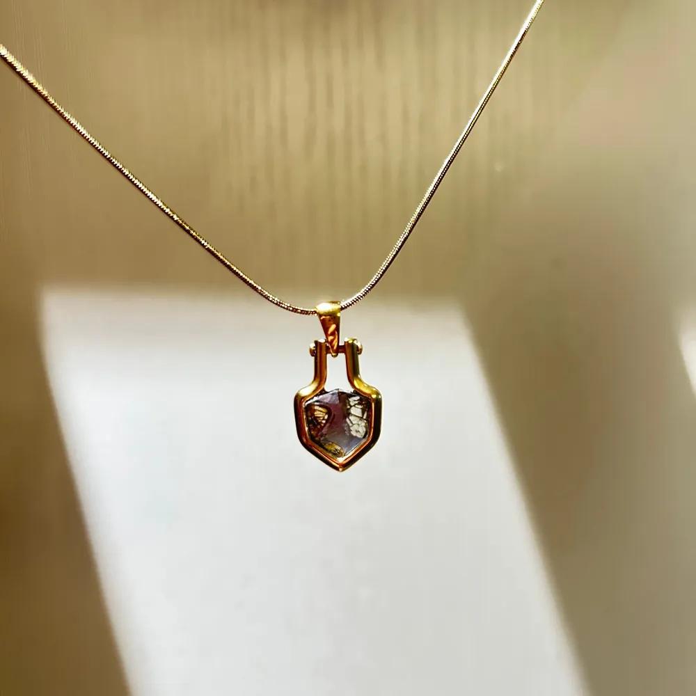 Pendant shield with inlay of meteorite Pallasite Sericho Kenya with olivine 10184 mm on chain 55 cm titanium steel gift box COA certificate