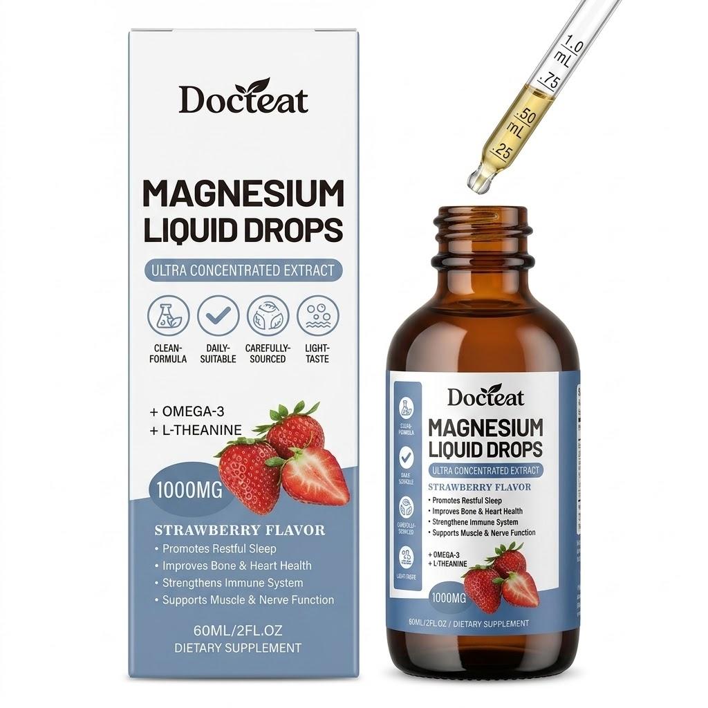 Magnesium Flüssigkeitstropfen (1000mg Komplex) mit L-Theanin & Omega-3 – Natürlicher Erdbeergeschmack (60ml / 2 Fl. Unze) 1pack