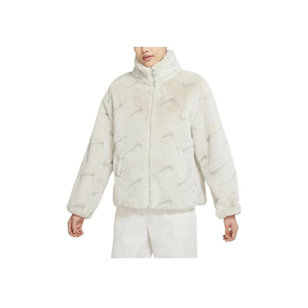 Nike Full Print Stand Collar Faux Fur Warm Straight Long Sleeve Cotton Jacket Women Outerwear White DQ6843-072