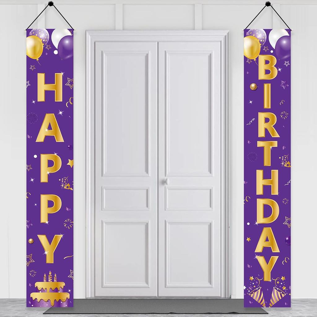 Purple Gold Happy Birthday Door Banner Decorations, Happy Birthday Porch Sign Party Supplies for Girls Women, 16th 21st 30th 40th 50th 60th Birthday