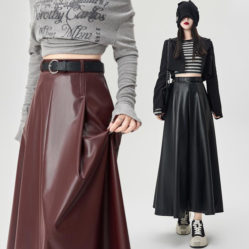 Winter Women PU Leather Skirt Long Pleated High Waist A Line Fashion Clothes